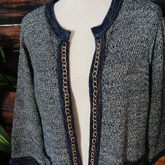 NWT Roz & Ali 2X Cardigan Sweater Knit Jacket Blazer Navy Chain Trim - Picture 3 of 13